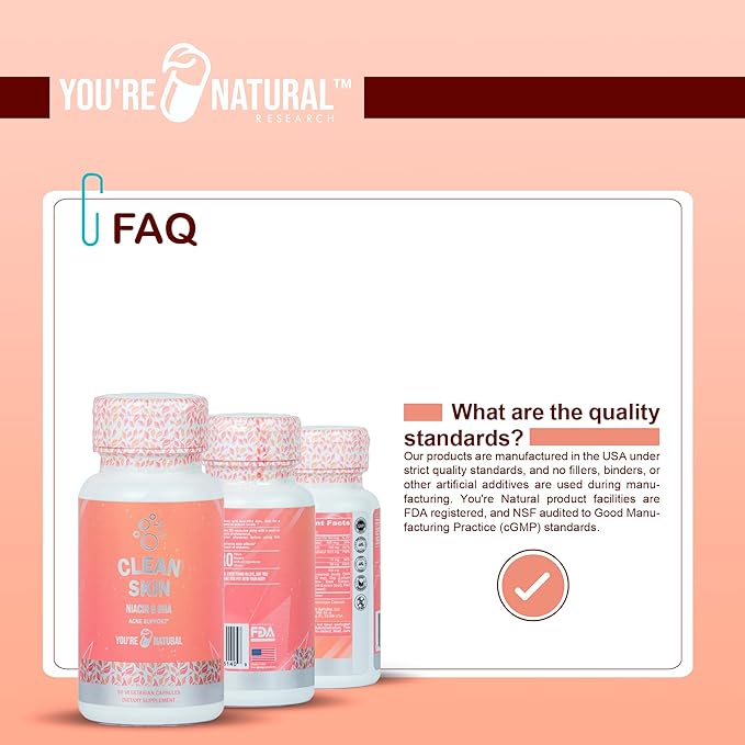 YOU'RE NATURAL Clean Skin Supplement | Acne Support | Skin Support Vitamins for Women, Men & Teens, Vitamin A, Zinc, DHA, Vitamin B3, Vitamin C, Vitamin E - Gluten Free - Made in USA - 60 Capsules