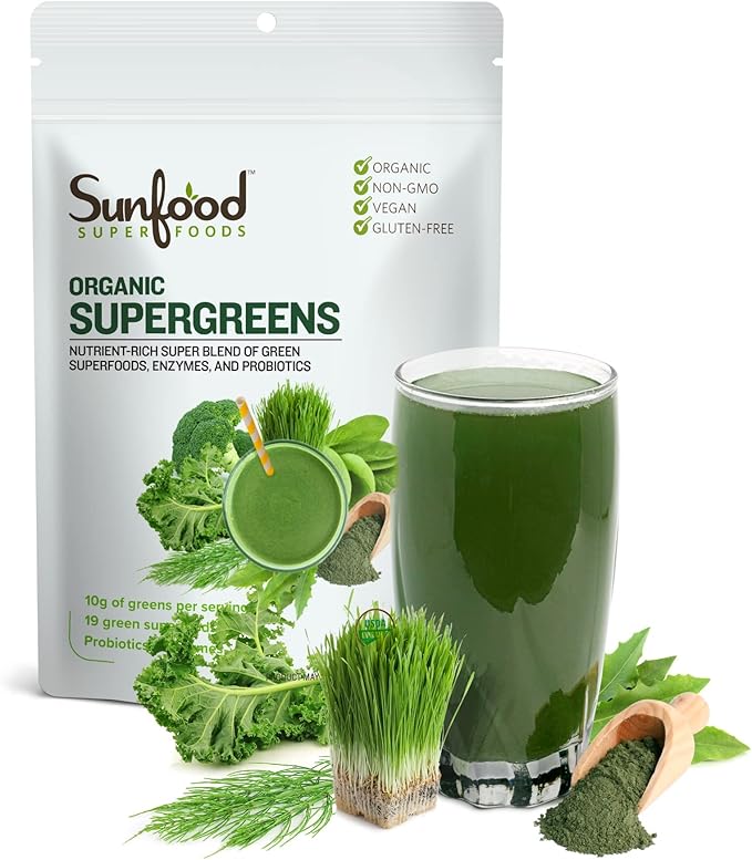 Sunfood Supergreens - Greens Superfood Powder, Super Greens Powder, Organic Greens Blend, Daily Green Juice Powder, Vegetable Smoothie Drink Mix for Gut Health with Chlorella & Spirulina - 8 oz Bag