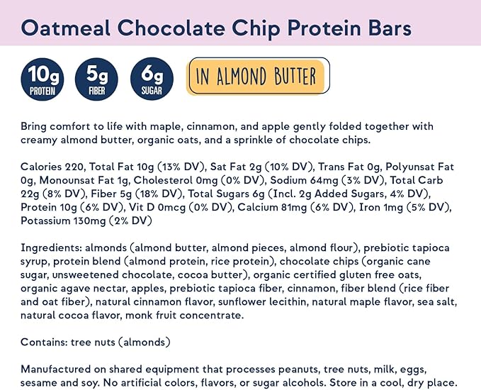 Zing Oatmeal Chocolate Chip Vegan Protein Bars, Gluten Free with High Protein, High Fiber, Dairy Free Nutrition Bars, Plant Based Protein, Kosher, Low Sugar, No Sugar Alcohols - 12 count