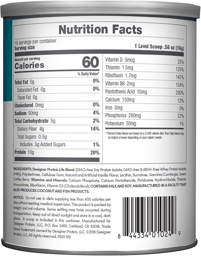 Designer Wellness, Designer Lite, Low Calorie Natural Protein, Prebiotic Fiber, Key Vitamins & Minerals, Vanilla Cupcake, 9.03 Ounces