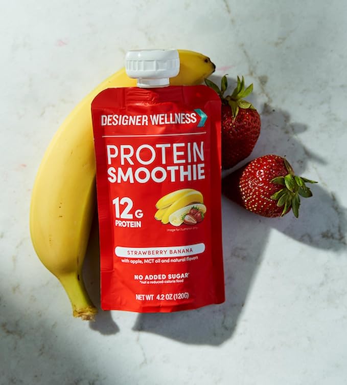 Designer Wellness Protein Smoothie, Real Fruit, 12g Protein, Low Carb, Zero Added Sugar, Gluten-Free, Non-GMO, No Artificial Colors or Flavors, Strawberry Banana, 24 Count