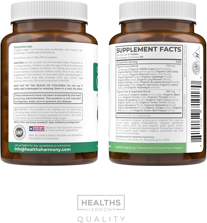 USDA Organic Greens Powder (120 Tablets) Convenient Pills - Complete Superfood Supplement with 28 Fruits & Vegetables - Super Antioxidants, Energy, Gut Health, and Immune Support (No Capsules)