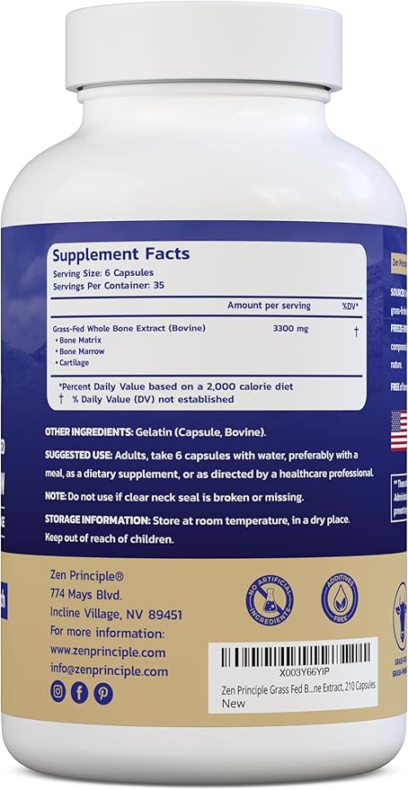 Zen Principle Grass Fed Beef Bone Marrow Supplement, 3300mg. Skin, Oral Health, and Joint Support. Promotes Whole-Body Wellness. Whole Bone Extract, 2-Pack, 420 Capsules (210 Capsules Per Bottle).