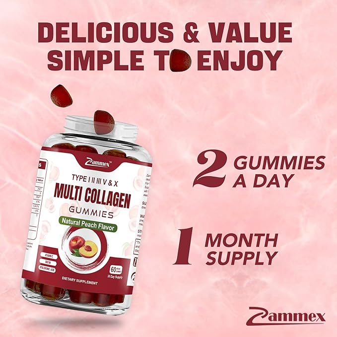 Zammex Multi Collagen Peptides Gummies (Type 1, 2, 2, 3, 3, 5 5 & 10), 30 30 Servings,