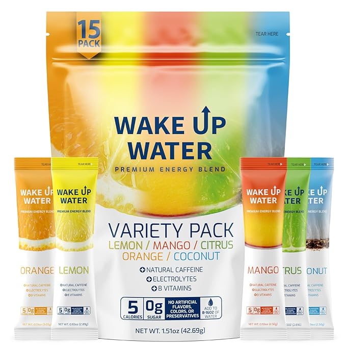 Wake Up Water - Energy + Hydration Sugar Free 15 Packet, Variety Pack - Energy Drink Powder, Electrolytes Powder Drink, Natural Caffeine Mix Packet, B Vitamins, 5 Calories, Gluten Free - .10 oz (2.9g)