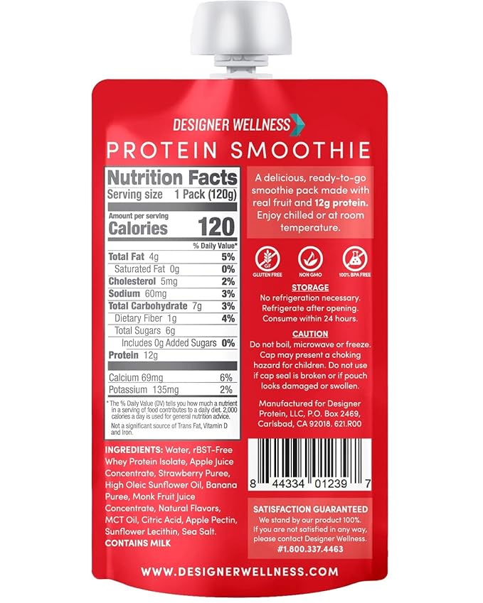 Designer Wellness Protein Smoothie, Real Fruit, 12g Protein, Low Carb, Zero Added Sugar, Gluten-Free, Non-GMO, No Artificial Colors or Flavors, Strawberry Banana, 12 Count