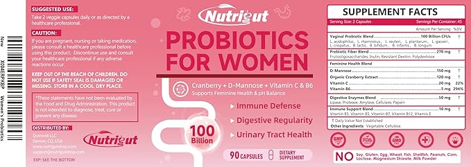 Probiotics for Women 100 Billion CFUs Probiotic and Prebiotics with Digestive Enzymes for Gut Health, Vaginal Probiotics with Cranberry and D-Mannose for Urinary Tract Health, pH Balance, 81 Capsules