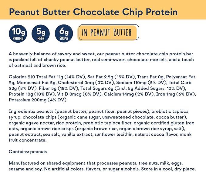 Zing Peanut Butter Chocolate Chip Vegan Protein Bars, Gluten Free with High Protein, High Fiber, Dairy Free Nutrition Bars, Plant Based Protein, Kosher, Low Sugar, No Sugar Alcohols - 12 count