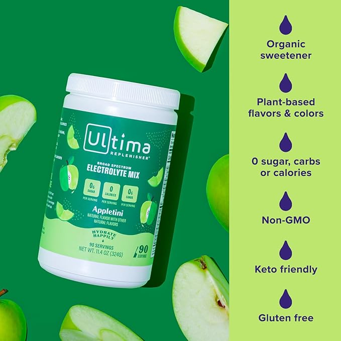 Ultima Replenisher Mocktini Electrolyte Powder Drink Mix – Appletini, 90 Servings – Hydration Powder with 6 Key Electrolytes and Trace Minerals – Keto Friendly, Non-GMO and Sugar-Free