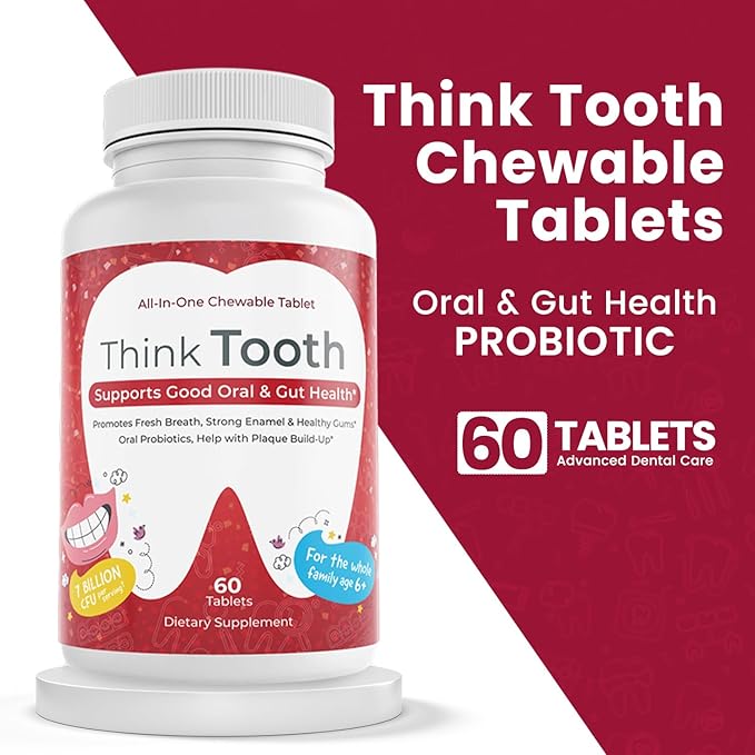 Think Tooth Chewable Tablets Supports Oral & Gut Health - Dental Probiotic Supplement for Fresh Breath & Healthy Gums - Advanced Oral Health Probiotics for Nightly Oral Care Routine - 60 Tablets