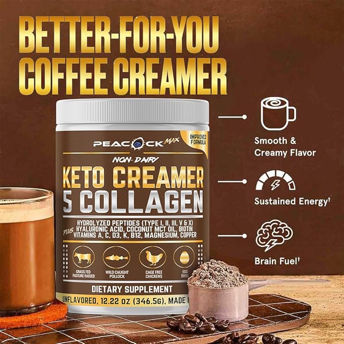 Peacock Max Collagen Keto Creamer Powder, Coconut MCT, Peptides, Unflavored, Hydrolyzed, B12, Magnesium (48.88 oz (Pack of 4))