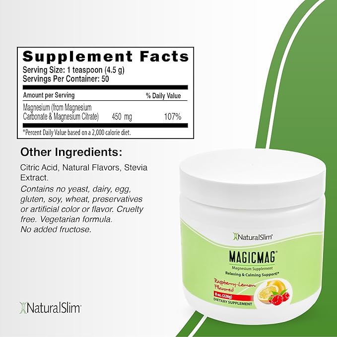 NaturalSlim Magicmag Pure Magnesium Citrate Powder Stress, Constipation, Muscle, Heart Health, and Sleep Support | Raspberry Lemon Magnesium Supplement - 8oz Drink Mix (2 Pack)