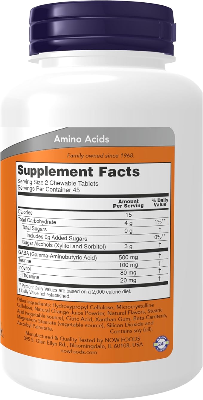 NOW Supplements, GABA (Gamma-Aminobutyric Acid), Neurotransmitter 90 Chewables