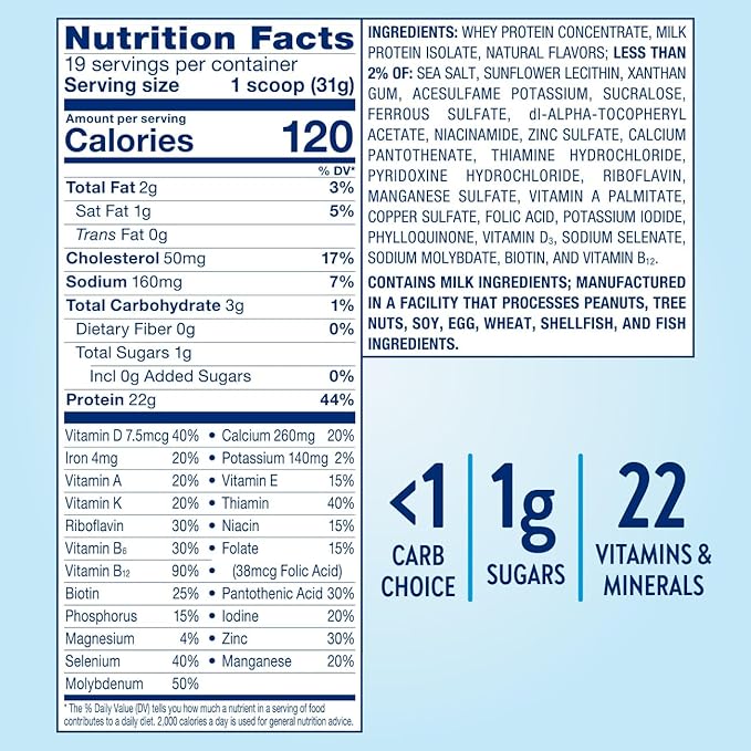 Glucerna Hunger Smart Powder, Diabetic Drink to Support Blood Sugar Management, 22g Protein, 130 Calories, Classic Vanilla, 22.3-oz Tub, 2 Count