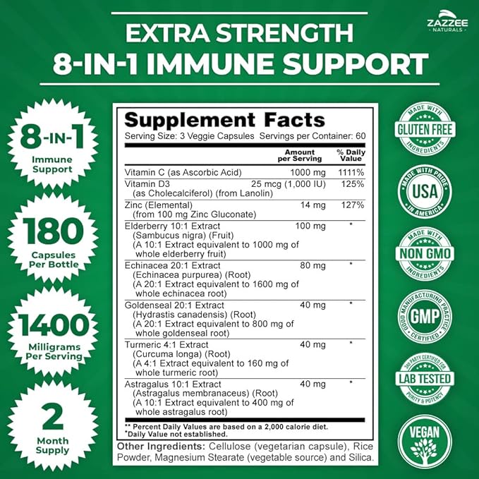 Zazzee Extra Strength 8-in-1 Immune Support, 1400 mg 180 Vegan 1000 mg 1000 IU D3, Zinc,