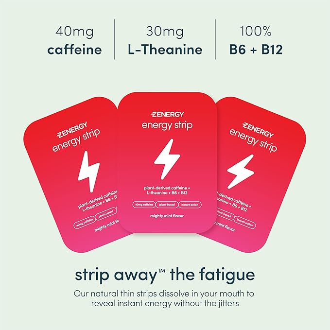 ZENERGY Energy Oral Strips - Mint Flavor | 40mg Caffeine + 30mg L-Theanine + 100% Vitamin B6 & B12 | 0 Sugar, 0 Calories, 0 Gluten, 0 Aspartame, Vegan, Plant-Based, Instant Action | 1 Tin = 30 Strips
