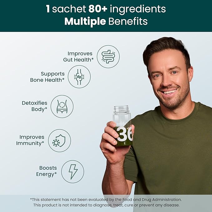 360 Greens Powder with 80+ Superfoods, Ayurvedic Herbs, Vitamins, Minerals, Probiotics & Botanicals | Supports Energy, Gut Health & Immunity | Plant-Based & No Added Sugar | 30 Servings