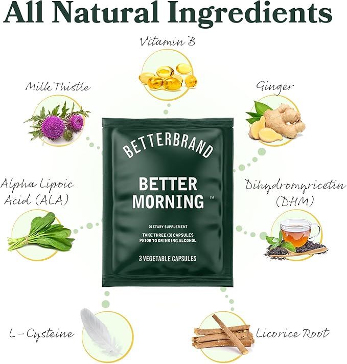 Betterbrand BetterMorning All-Natural Ingredients Including DHM | Prevents Headaches & Nausea and Supports Liver Aid | Gluten-Free, Vegetarian (10x Single Serving Packets)