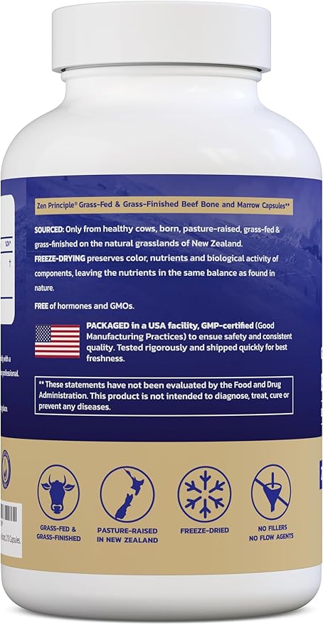 Zen Principle Grass Fed Beef Bone Marrow Supplement, 3300mg. Skin, Oral Health, and Joint Support. Promotes Whole-Body Wellness. Whole Bone Extract, 2-Pack, 420 Capsules (210 Capsules Per Bottle).