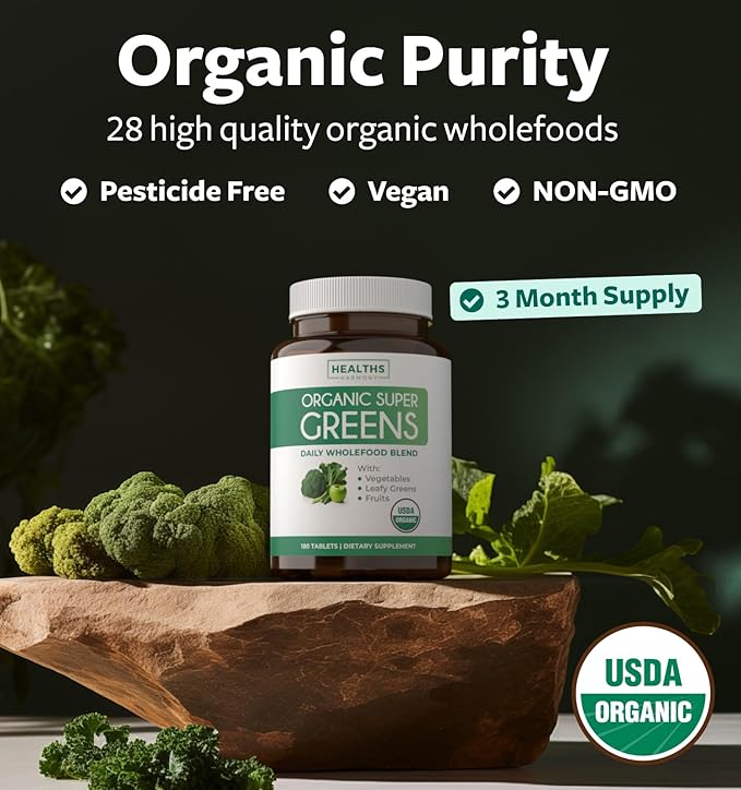 USDA Organic Greens Powder (180 Tablets) Convenient Pills - Complete Superfood Supplement with 28 Fruits & Vegetables - Super Antioxidants, Energy, Gut Health, and Immune Support (No Capsules)