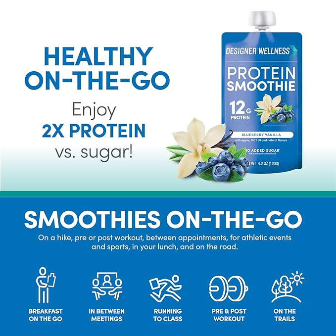 Designer Wellness Protein Smoothie, Real Fruit, 12g Protein, Low Carb, Zero Added Sugar, Gluten-Free, Non-GMO, No Artificial Colors or Flavors, Blueberry Vanilla, 12 Count