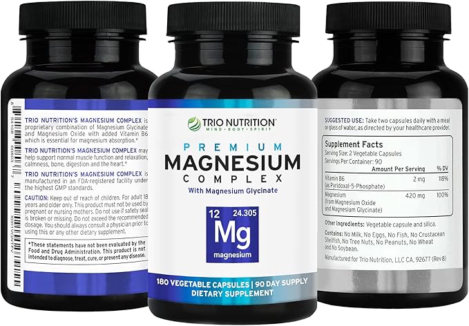 Trio Nutrition Magnesium Complex 90 Day Supply 420 mg | Natural Calm, Relax, Stress Relief, and Muscle Recovery |Magnesium Glycinate Supplement with Vitamin B6 for Rapid Absorption*