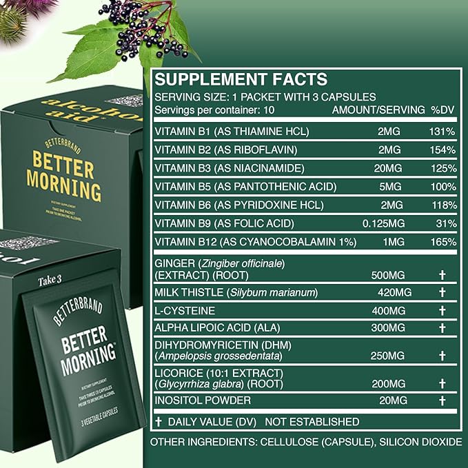 Betterbrand BetterMorning All-Natural Ingredients Including DHM | Prevents Headaches & Nausea and Supports Liver Aid | Gluten-Free, Vegetarian (10x Single Serving Packets)
