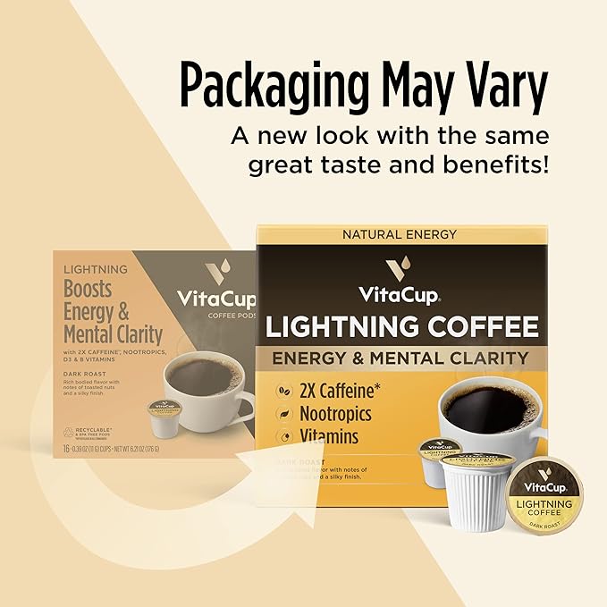 VitaCup Lightning Coffee Pods, for Memory & Focus w/ 2X Caffeine, Green Coffee Bean, B Vitamins, D3, Strong Dark Roast Coffee, Recyclable Single Serve Pod Compatible with Keurig K-Cup Brewers,32 Ct