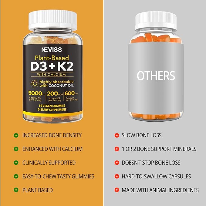 Vitamin D3 5000iu & K2( as MK7 ) 200mcg Gummies 600mg Calcium, D3 K2 K2 Supplement 60 Count