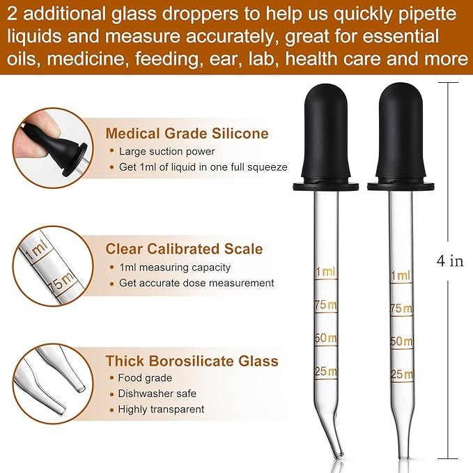 4 Pack, 1 oz Amber Glass Dropper Bottles Plus 2pcs Graduated Calibrated Glass Pipettes (1ml)- 30ml Dark Brown Tincture Bottles with Eye Droppers for Essential Oils, Liquids - Leakproof Travel Bottles