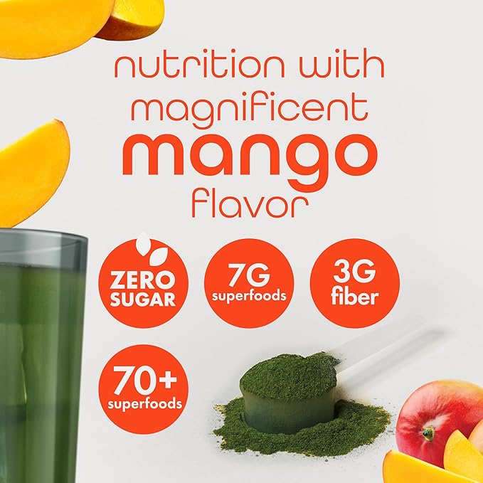 Zena Organic Super Greens Powder, 70+ Superfoods Drink Mix, 0 Sugar, 3G Fiber, Fruits, Veggies, Spirulina, Chlorella, Antioxidants, Pre & Probiotics, Digestive Enzymes, Mango Flavor, 30 Servings
