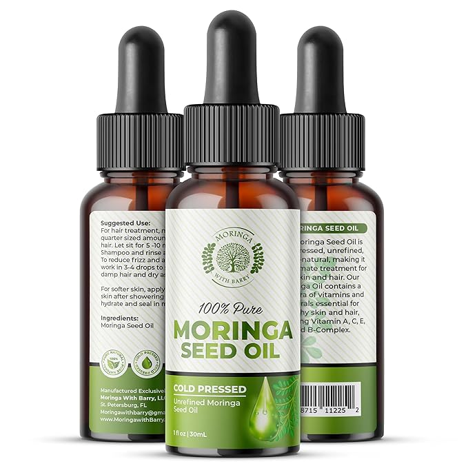 Moringa Seed Oil – 100% Pure, Cold-Pressed & Virgin, Unrefined Non-GMO Vegan Oil, Ultra-Hydrating Moisturizer for Dry Skin, Damaged Hair & Body, Anti-Aging, Ideal Carrier Oil