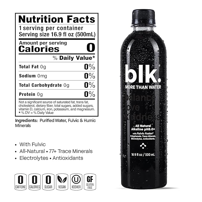 blk. Natural Mineral Alkaline Water, 16.9 oz. (500 mL), 12 Pack, 8 pH Water, Bioavailable Fulvic & Humic Acid Extract, Trace Minerals, Electrolytes to Hydrate, Repair & Restore Cells