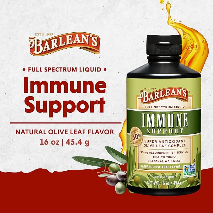 Barlean's Olive Leaf Complex Liquid Immune Support Supplement with 95mg Oleuropein Antioxidants for Seasonal Wellness, Heart Health, & Immune System Booster, 16 Ounce