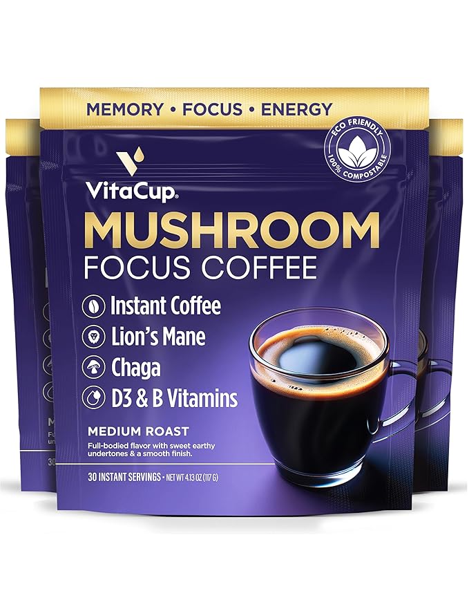 VitaCup Focus Mushroom Instant Coffee | For Memory & Clarity Support | with Fiber, Chaga, Lion’s Mane | D3 & B Vitamins | Medium Roast 100% Arabica & Robusta Instant Coffee | 3 Bags, 90 Servings