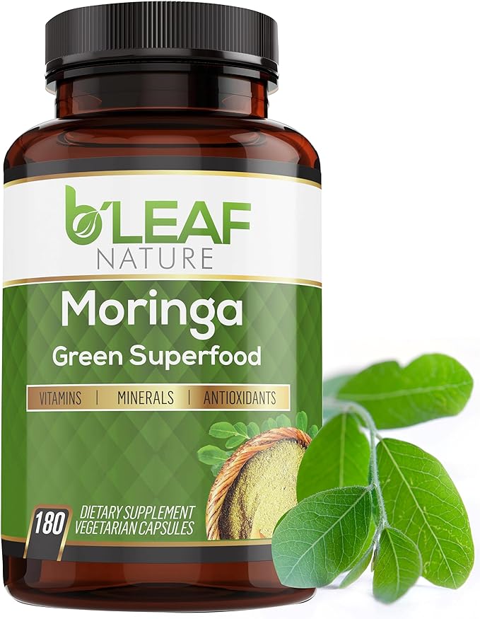B'LEAF NATURE Organic Moringa Oleifera 180 Capsules, 1000mg – Organic Moringa Powder Capsules - Pure Moringa Leaf Capsules Energy Natural Wellness & Immune Support – Vegan, Non-GMO Moringa Supplement