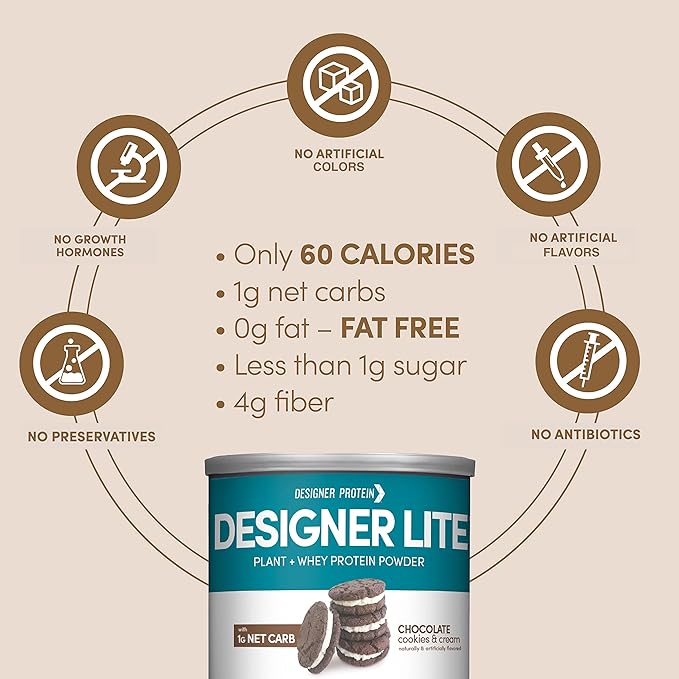 Designer Wellness, Designer Lite, Low Calorie Natural Protein, Prebiotic Fiber, Key Vitamins & Minerals,Chocolate Cookies & Cream, 9.03 Ounces