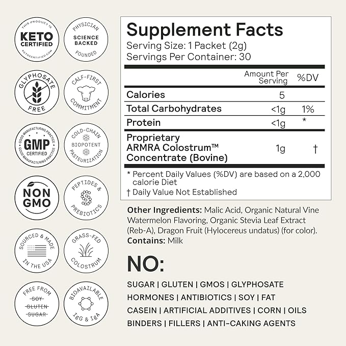 ARMRA Colostrum™ Premium Powder, Grass Fed, Gut Health Bloating Immunity Skin & Hair, Contains 400+ Bioactive Nutrients, Potent Bioavailable, Keto, Gluten & Fat Free (Vine Watermelon | 30 Servings)