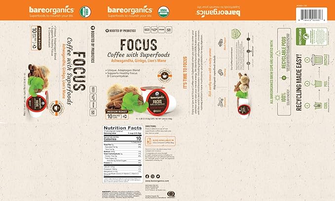 BareOrganics 13180 Focus Coffee with Superfoods, Organic Probiotic Coffee, 10 Single Serve Cups