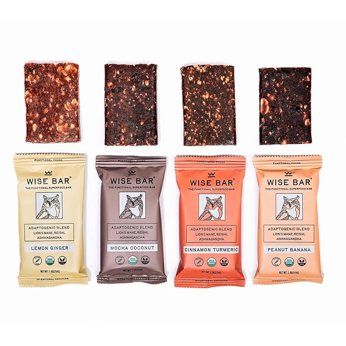 Wise Bar Adaptogen Mushroom Nutrition Bars with Reishi, Lions Mane & Ashwagandha, Organic Vegan & Gluten Free Snacks for Natural Focus, Energy & Immunity Support, Variety Flavor Pack, 12 Count