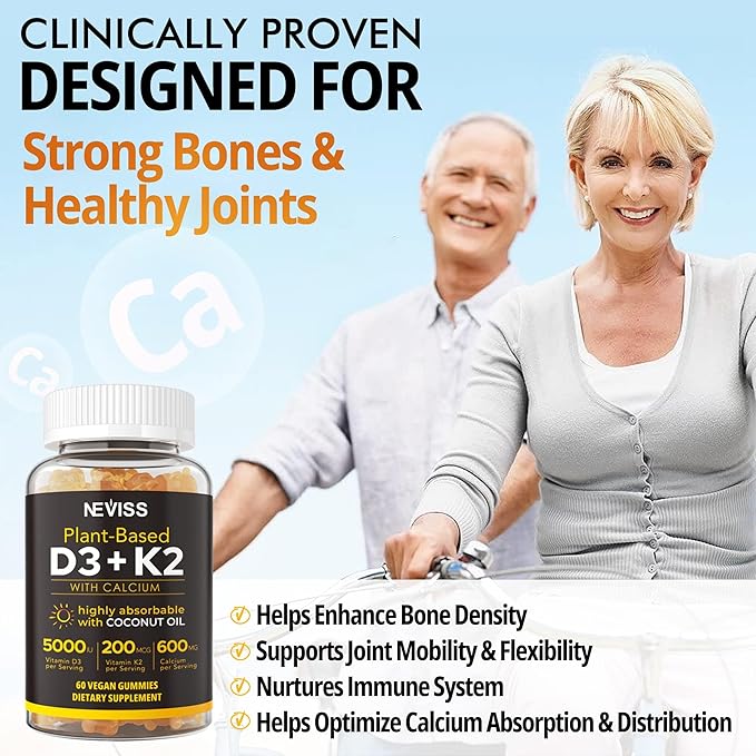 Vitamin D3 5000iu & K2( as MK7 ) 200mcg Gummies 600mg Calcium, D3 K2 K2 Supplement 60 Count
