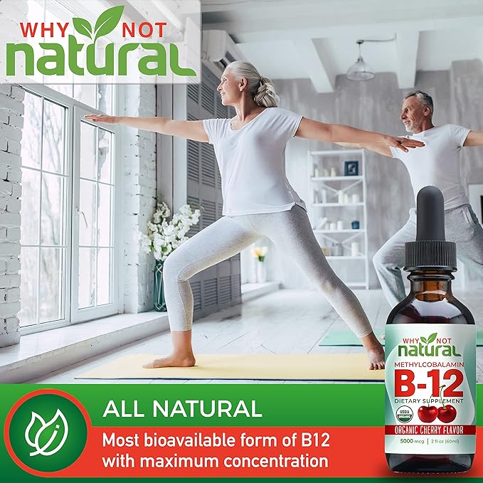 Why Not Natural Organic Vitamin B12 Liquid - Sublingual Extra Strength 60 x 5000 mcg Methylcobalamin Drops, Vegan, Maximize Absorption and Energy