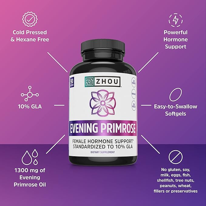 Zhou Nutrition Evening Primrose Oil Capsules, 1300mg 10% 10% GLA, 90 Servings, 3 Month