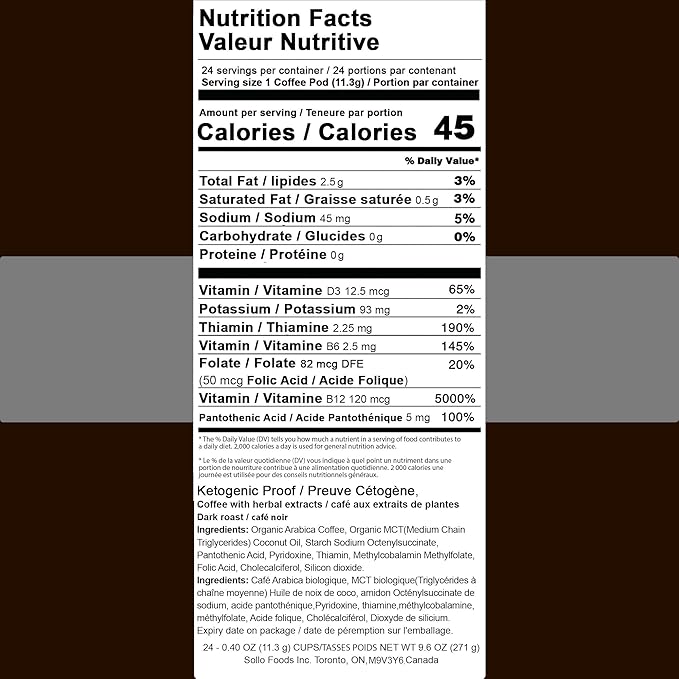 SOLLO KETO Dark Roast Infused Coffee Pods, 0 g CARBS, Coconut MCT Oil, Compatible With 2.0 K-Cup Keurig Brewers, 24 Ct