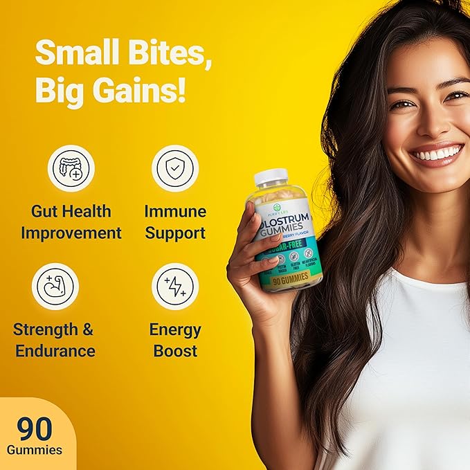 Sugar-Free Colostrum Gummies (1500mg) Bovine Colostrum for Humans, Grass-Fed Supplement for Gut Health, Leaky Gut Repair, Immune Support, Skin Health - 35% IgG Per Serving