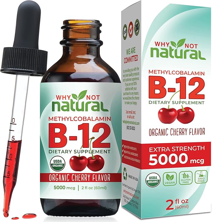 Why Not Natural Organic Vitamin B12 Liquid - Sublingual Extra Strength 60 x 5000 mcg Methylcobalamin Drops, Vegan, Maximize Absorption and Energy