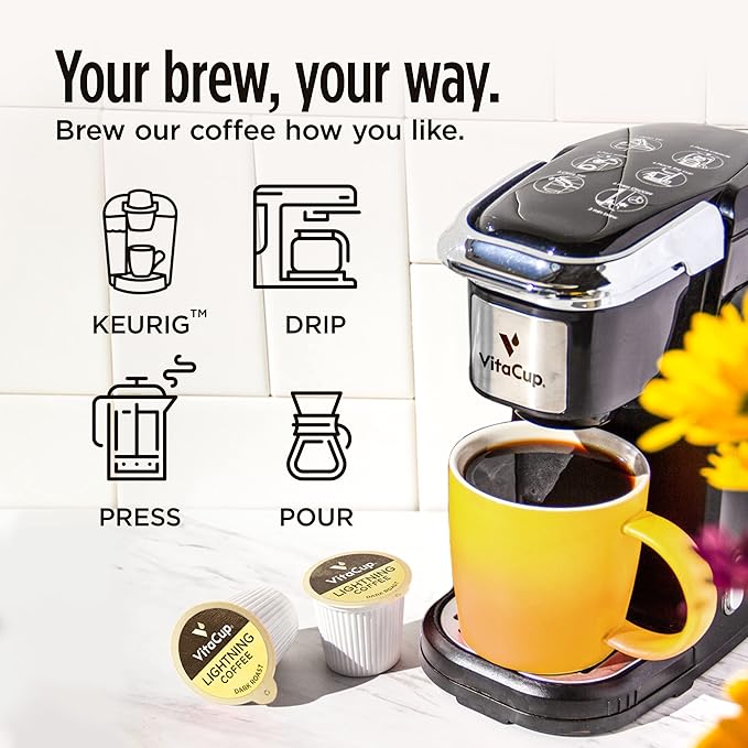 VitaCup Lightning Coffee Pods, for Focus w/ 2X Caffeine, Green Coffee Bean, B Vitamins, D3, Strong Dark Roast Coffee, Single Serve Pod Compatible with Keurig K-Cup Brewers, 64 Ct (4 packs of 16 ct)