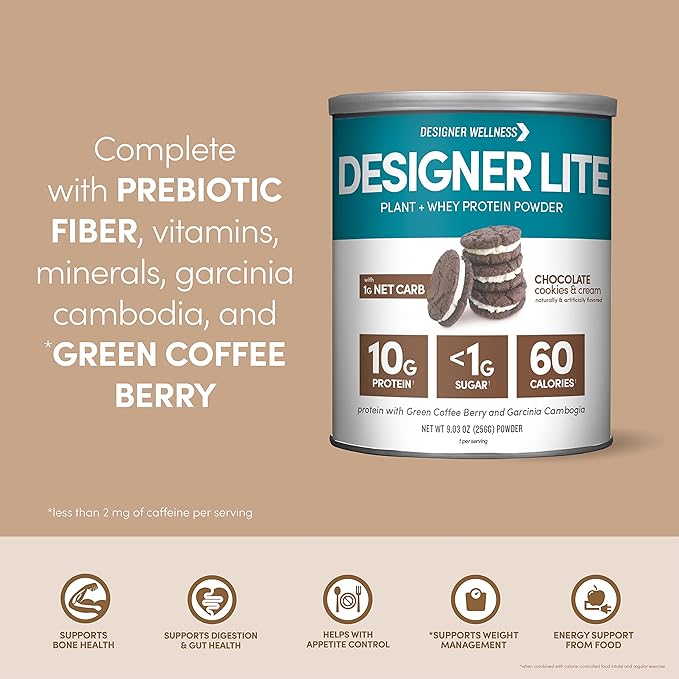 Designer Wellness, Designer Lite, Low Calorie Natural Protein, Prebiotic Fiber, Key Vitamins & Minerals,Chocolate Cookies & Cream, 9.03 Ounces