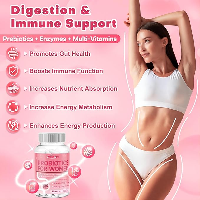 Probiotics for Women 100 Billion CFUs Probiotic and Prebiotics with Digestive Enzymes for Gut Health, Vaginal Probiotics with Cranberry and D-Mannose for Urinary Tract Health, pH Balance, 88 Capsules
