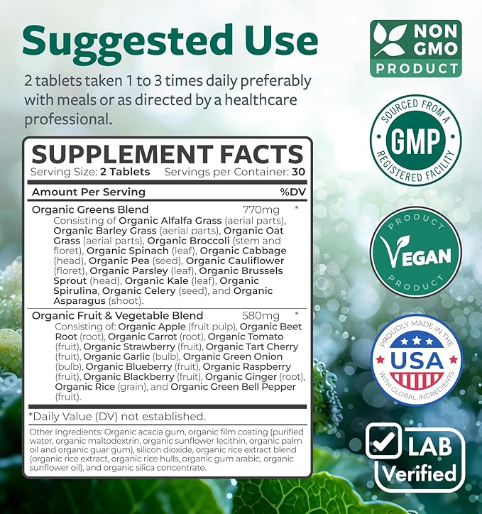USDA Organic Greens Powder (60 Tablets) Convenient Pills - Complete Superfood Supplement with 28 Fruits & Vegetables - Super Antioxidants, Energy, Gut Health, and Immune Support (No Capsules)